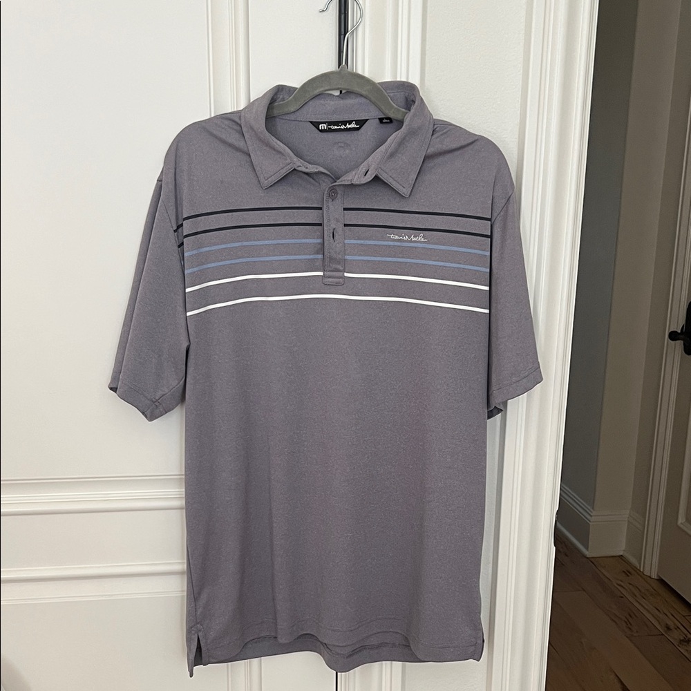 Travis Mathew Gray Polo with Blue and White Stripes